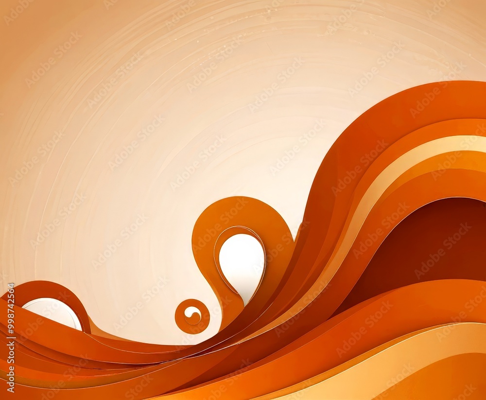 Poster a vibrant abstract design with orange and brown hues, resembling the movement of waves or a swirling pattern The background is a light beige color, providing a contrast to