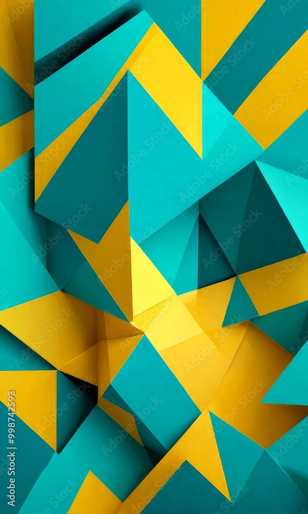 Poster a vibrant abstract composition of overlapping triangular shapes in various shades of blue and yellow, creating a dynamic and visually striking pattern