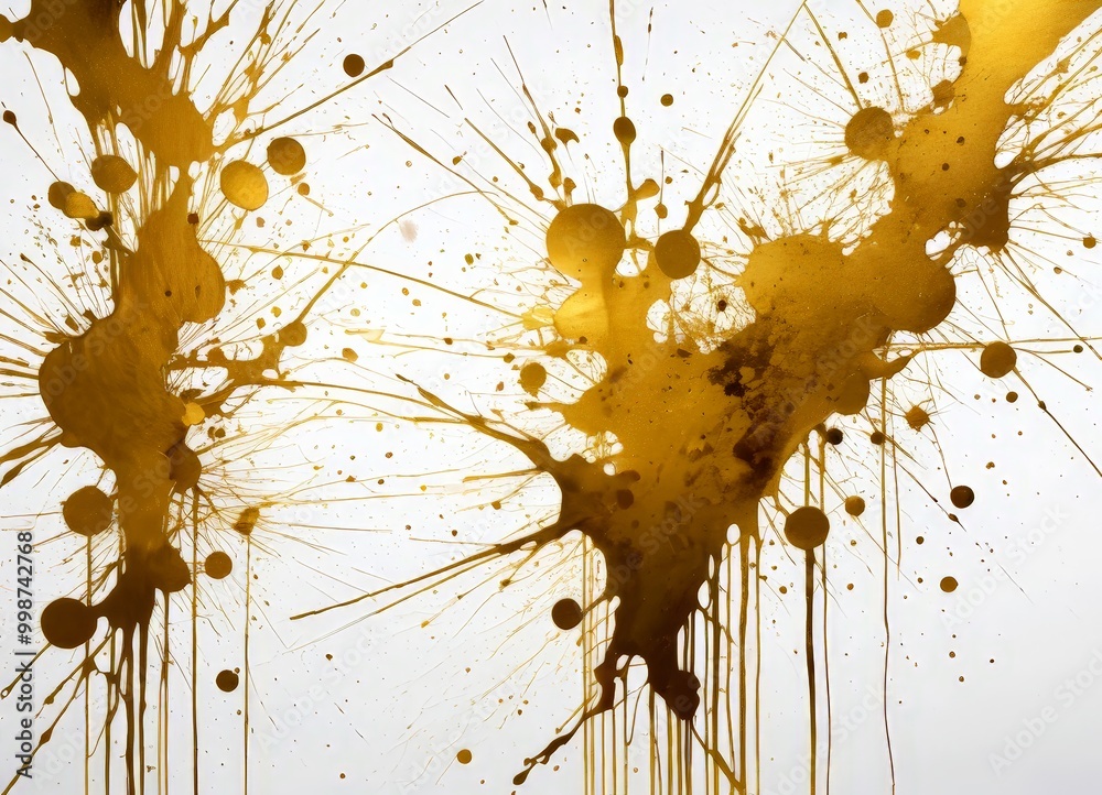Poster an abstract art piece with splashes of gold paint against a white background The splashes are scattered in various directions, creating a dynamic and energetic composition