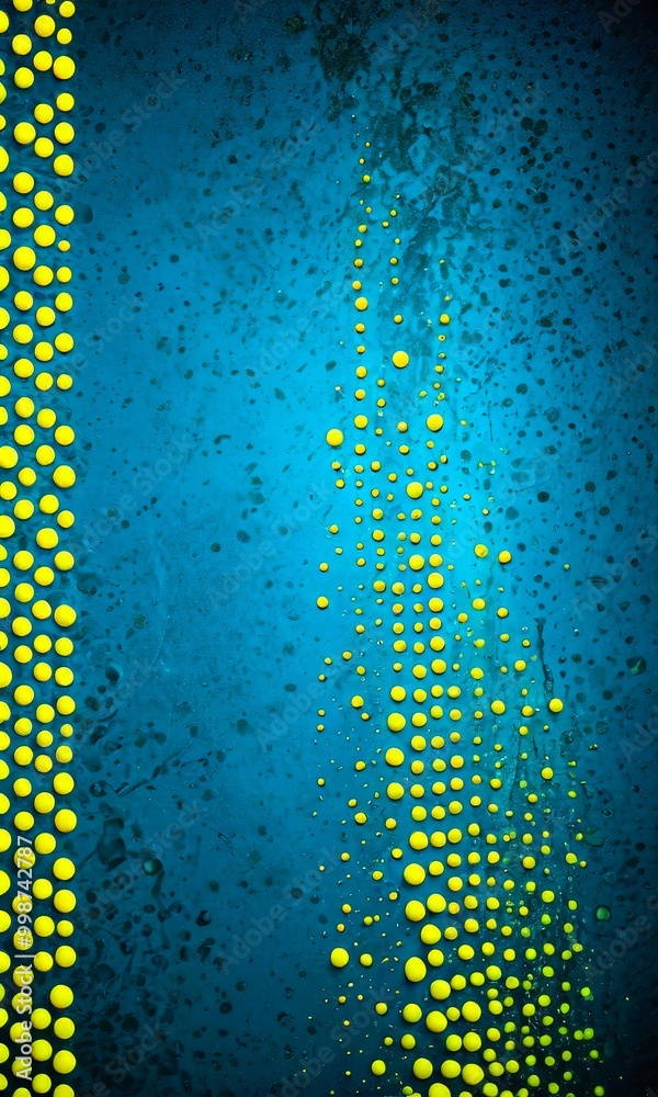 Poster a striking abstract composition of yellow dots scattered across a dark blue background, creating a sense of depth and movement
