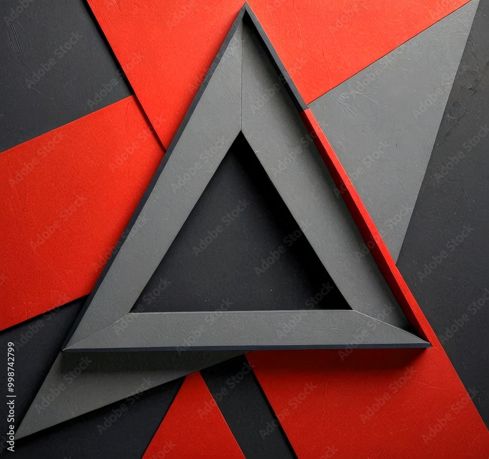 Poster A geometric composition featuring a triangular shape in the center, surrounded by a variety of red and black geometric shapes