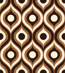 Retro midcentury textured brown ogee oval Raster pattern. Retro 70s ogee and circles geometrics brown, black and cream fabric texture.