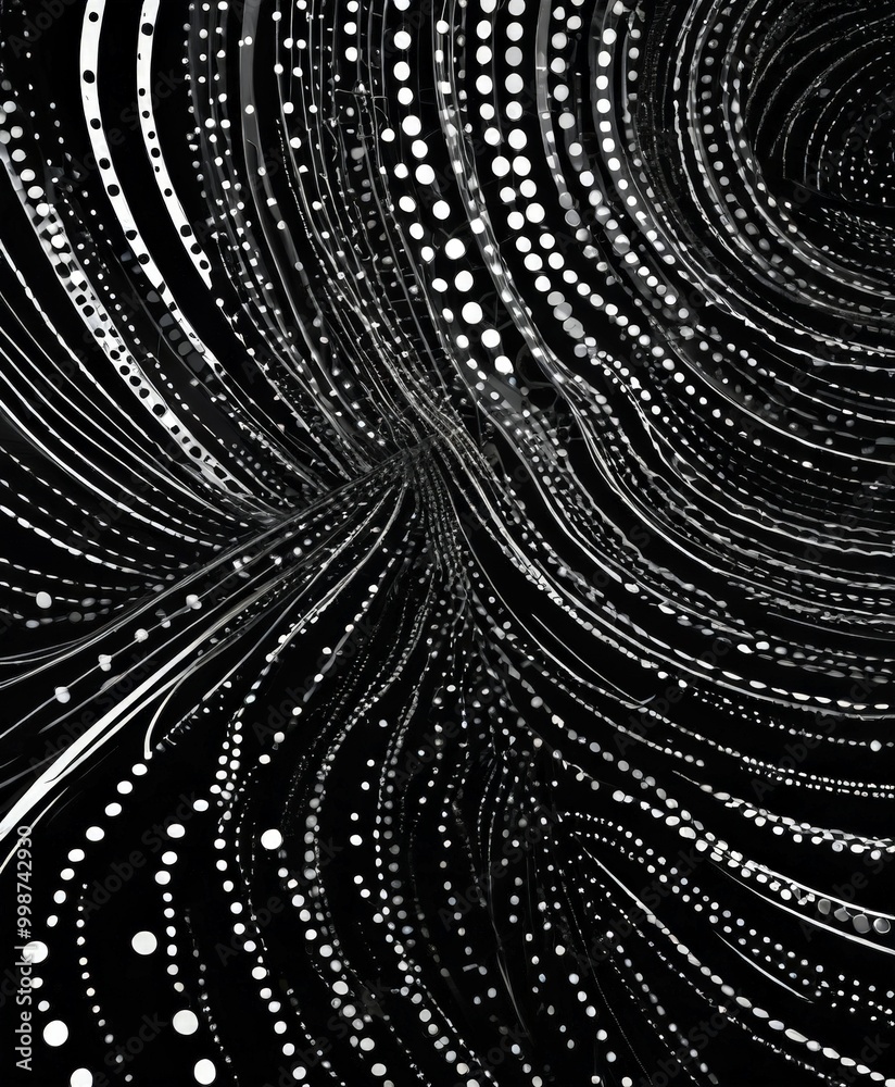 Poster a striking black and white abstract composition featuring a swirling pattern of white dots and lines, creating a sense of movement and dynamism