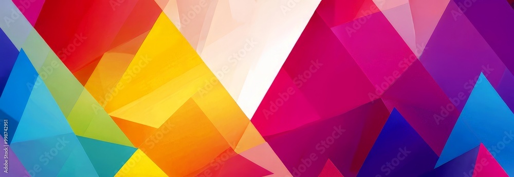 Poster a vibrant abstract composition of overlapping triangular shapes in various bright colors, including red, yellow, blue, and purple, creating a dynamic and visually striking pattern