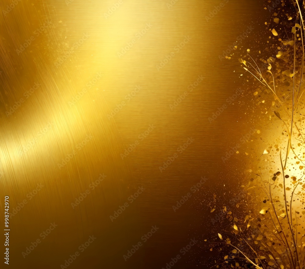 Poster a golden metallic surface with a subtle texture, adorned with a scattering of golden leaves and branches on the right side, creating a sense of depth and natural elements