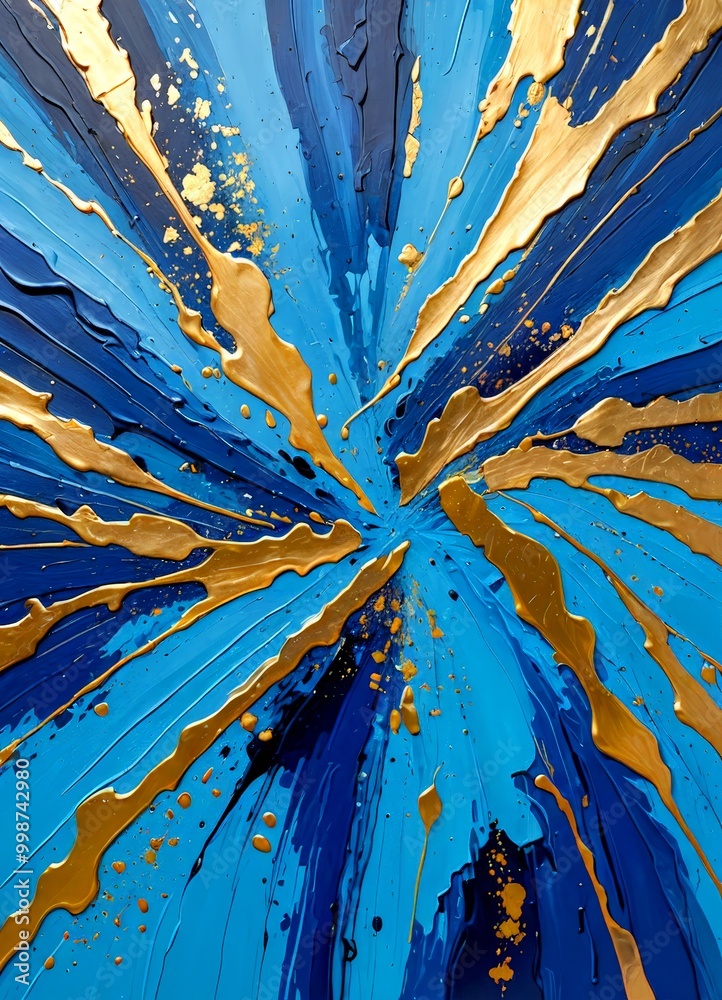 Leinwandbilder an abstract painting featuring a vibrant blue background with gold splashes and drips, creating a dy