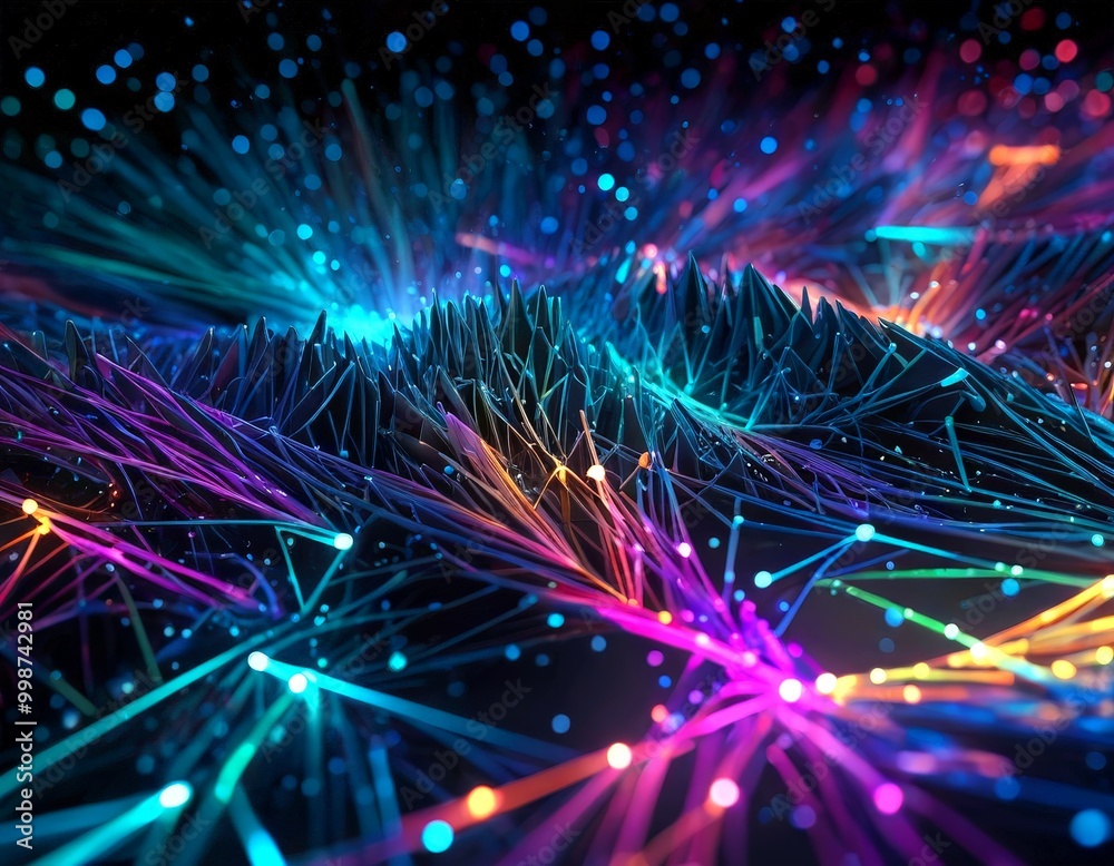Poster a digital illustration mountainous landscape, with a network of interconnected lines and dots in var