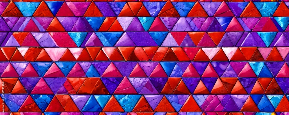 Poster A vibrant mosaic pattern composed of numerous triangular tiles in various shades of red, purple, and blue, arranged in a repeating grid-like pattern
