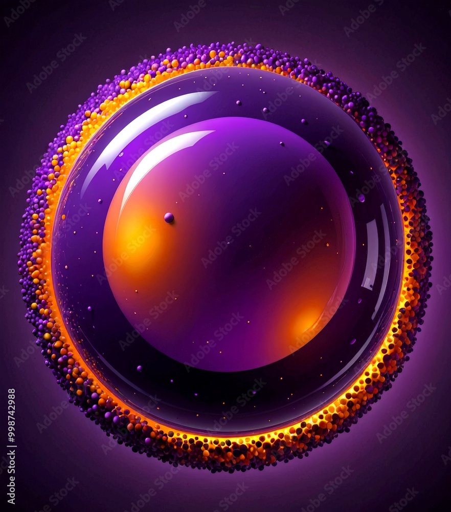Aufkleber a 3D of a spherical object with a vibrant purple and orange color scheme, surrounded by a ring of small spheres in various shades of orange and purple.