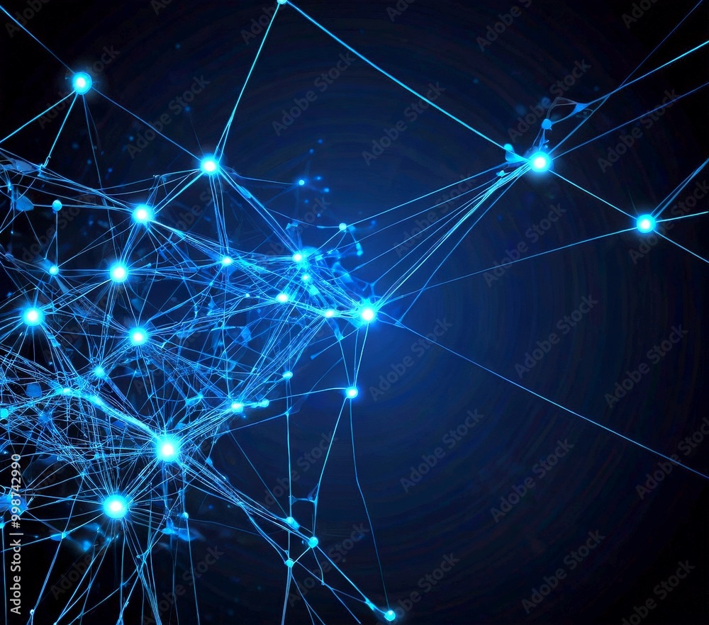Poster a complex network of interconnected lines and dots, resembling a digital or technological system The lines and dots are arranged in a way that suggests