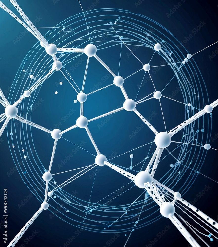 Poster a complex network of interconnected white spheres, resembling a molecular structure, set against a d