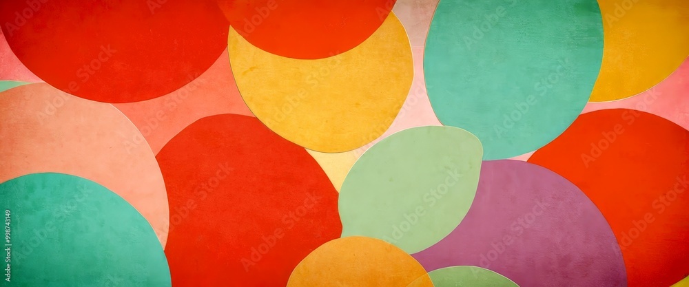 Poster a vibrant abstract composition of overlapping circles in various pastel colors, including red, orang