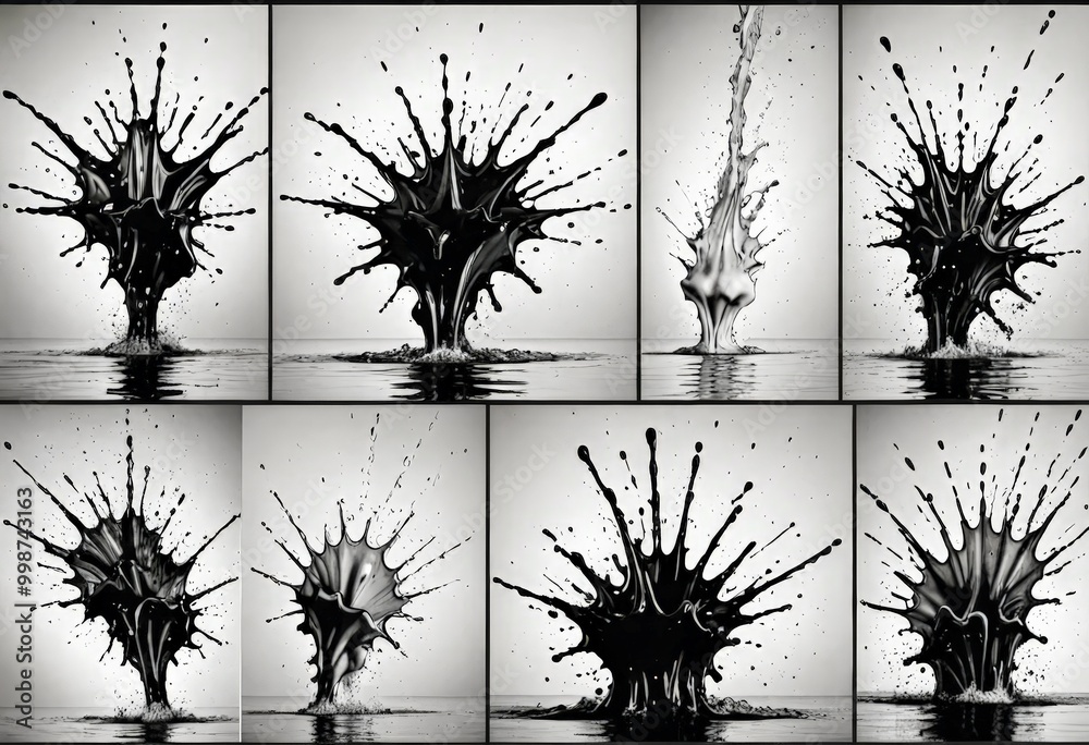 Aufkleber a series of nine black and white photographs depicting various splashes and splatter effects, includ