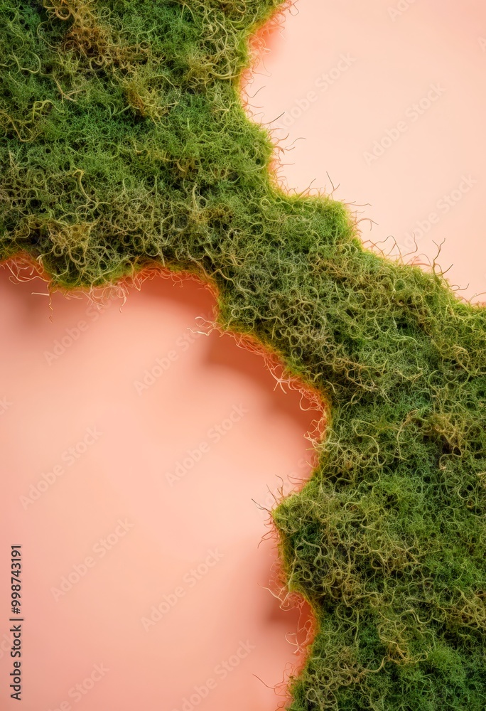 Poster a close-up view piece of green moss or artificial turf against a peach-colored background
