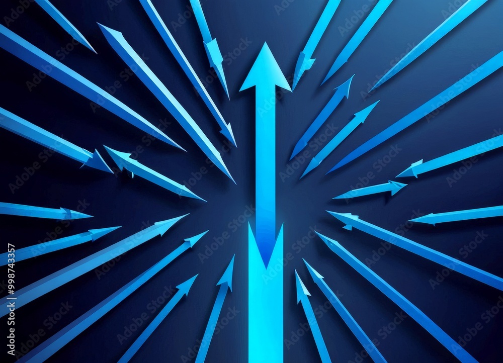 Aufkleber A blue arrow with a white tip points upwards, surrounded by blue arrows radiating outwards from the center, creating a dynamic and visually striking composition.