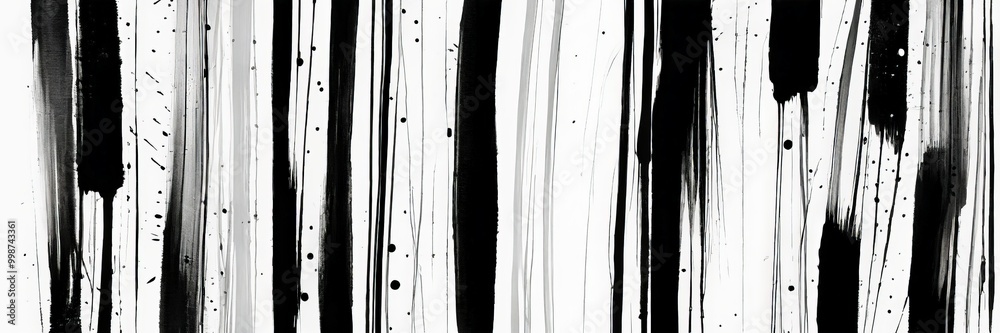 Leinwandbilder a black and white abstract composition featuring vertical lines and splatters of ink, creating a dynamic and textured visual effect