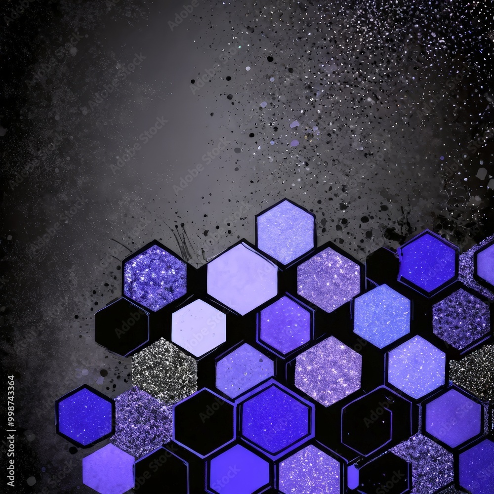 Poster a dark background with a pattern of hexagonal shapes in various shades of purple and black, creating a visually striking and abstract composition
