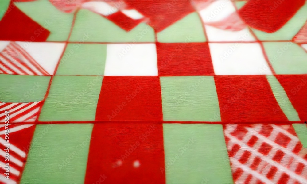 Poster a close-up view patterned surface, featuring a mix of geometric shapes in red, green, and white