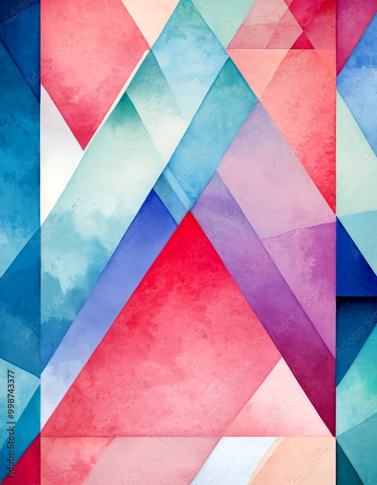 Poster a vibrant abstract composition of overlapping triangles in various shades of pink, blue, and green, creating a dynamic and visually striking pattern