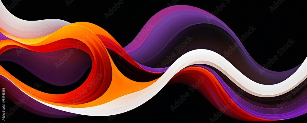 Poster a vibrant abstract composition of overlapping curved lines in various shades of orange, purple, and white, set against a black background