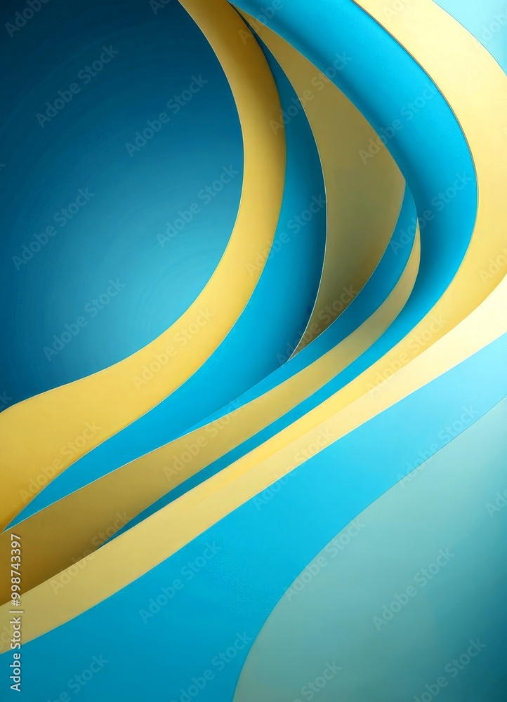 Poster a vibrant abstract composition of overlapping curved lines in various shades of blue and yellow, creating a dynamic and visually striking pattern