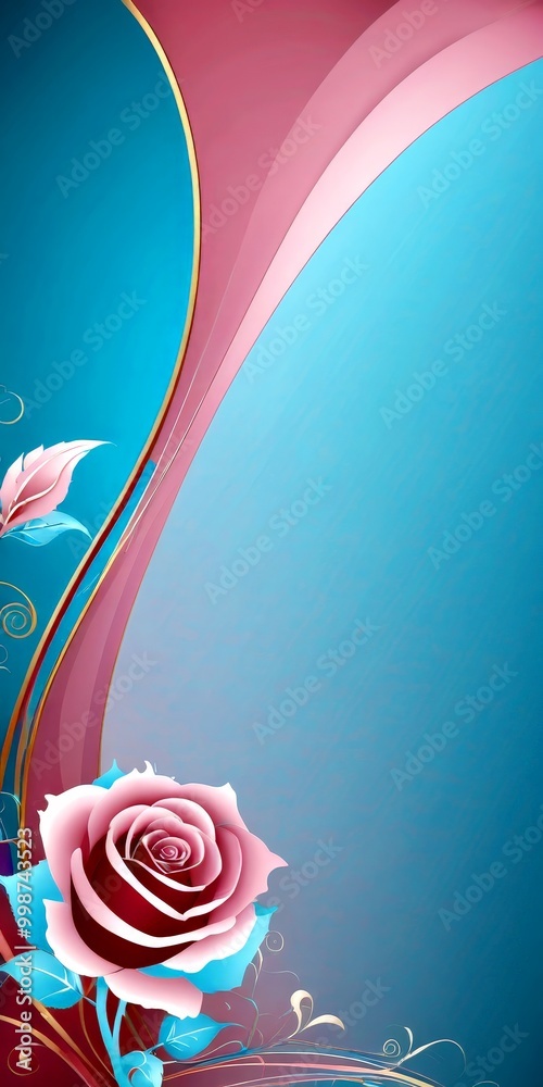 Poster A pink rose with blue leaves is centered against a gradient background transitioning from blue to pink