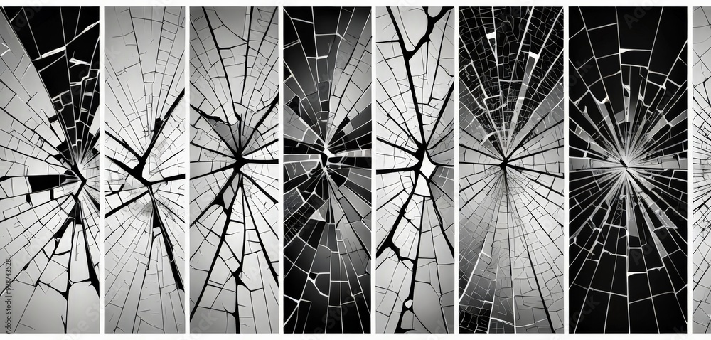 Aufkleber a collage of six black and white photographs depicting the intricate patterns and cracks of broken g