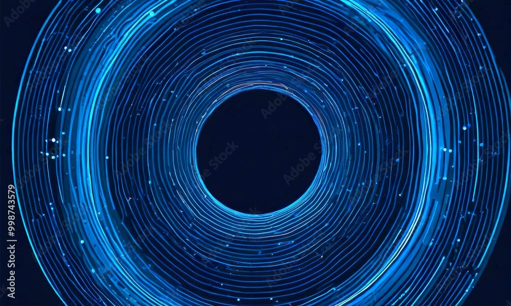 Poster A digital illustration black hole with a circular opening in the center, surrounded by concentric blue lines and dots, creating a sense of depth and dimensionality