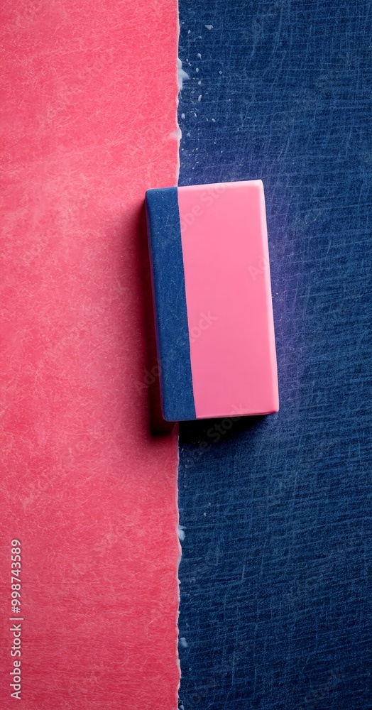 Poster a pink eraser rests on a blue textured surface, with a pink strip running vertically down the center