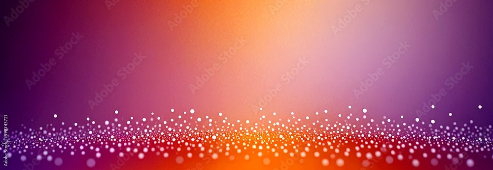 Poster a gradient background transitioning from purple to orange, with a scattering of small white dots or particles across the bottom, creating a sense of movement and energy