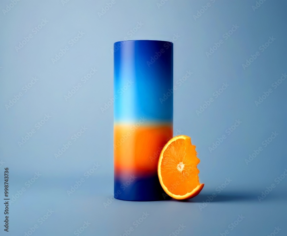 Poster a blue cylindrical object with a gradient of orange and blue colors, accompanied by a halved orange 