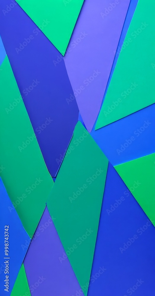 Poster a geometric pattern composed of overlapping triangles in various shades of green, blue, and purple, creating a visually striking and abstract composition