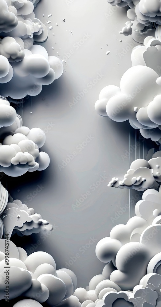 Poster a digital illustration sky filled with white, fluffy clouds The clouds are arranged in a symmetrical pattern, with some appearing to be floating and others appearing to