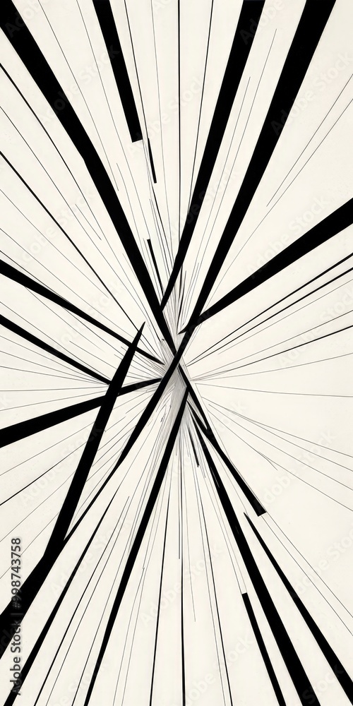 Poster a striking black and white abstract composition featuring intersecting lines and radiating shapes, creating a sense of depth and movement