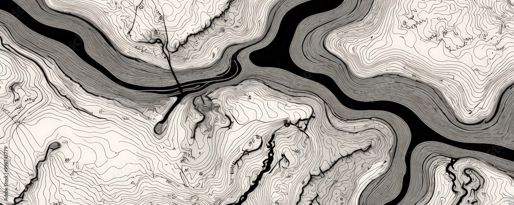 Fototapete a striking black and white representation of a topographical map, featuring a complex network of con