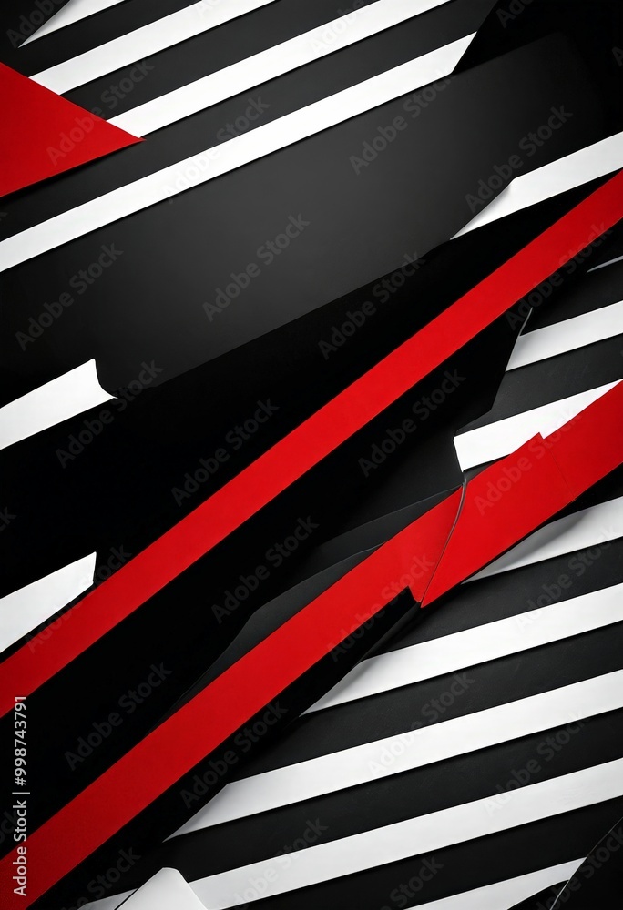 Poster a striking abstract composition of intersecting diagonal lines in black, white, and red, creating a dynamic and visually captivating pattern