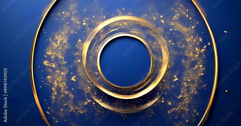 Poster a circular design with a gold ring at its center, set against a dark blue background The ring is surrounded by a scattering of gold glitter, creating a sense of depth