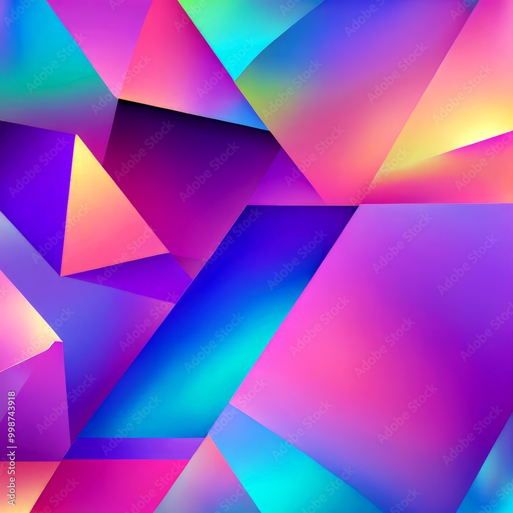 Poster a vibrant abstract composition of overlapping triangular shapes in various shades of pink, purple, blue, and yellow, creating a dynamic and visually striking pattern