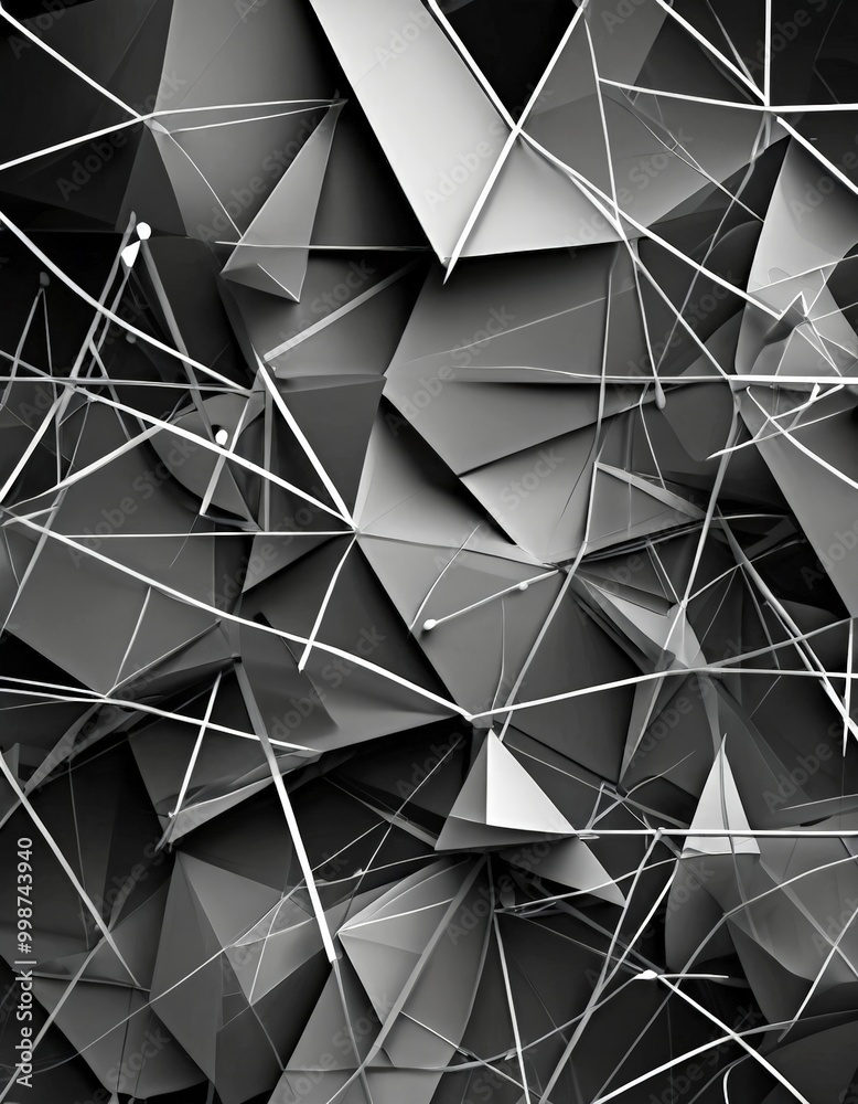 Aufkleber a black and white abstract composition featuring a complex arrangement of intersecting lines and triangles, creating a sense of depth and dimensionality