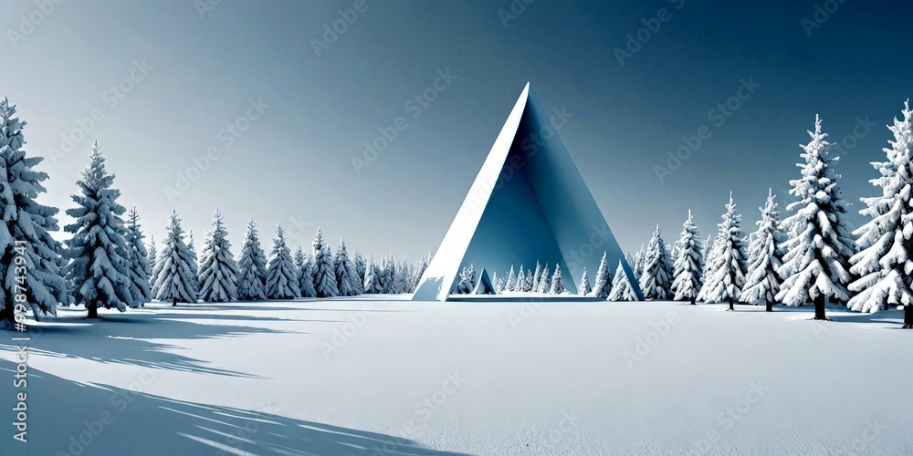 Poster a large, white, triangular structure stands in a snowy landscape, surrounded by snow-covered trees a