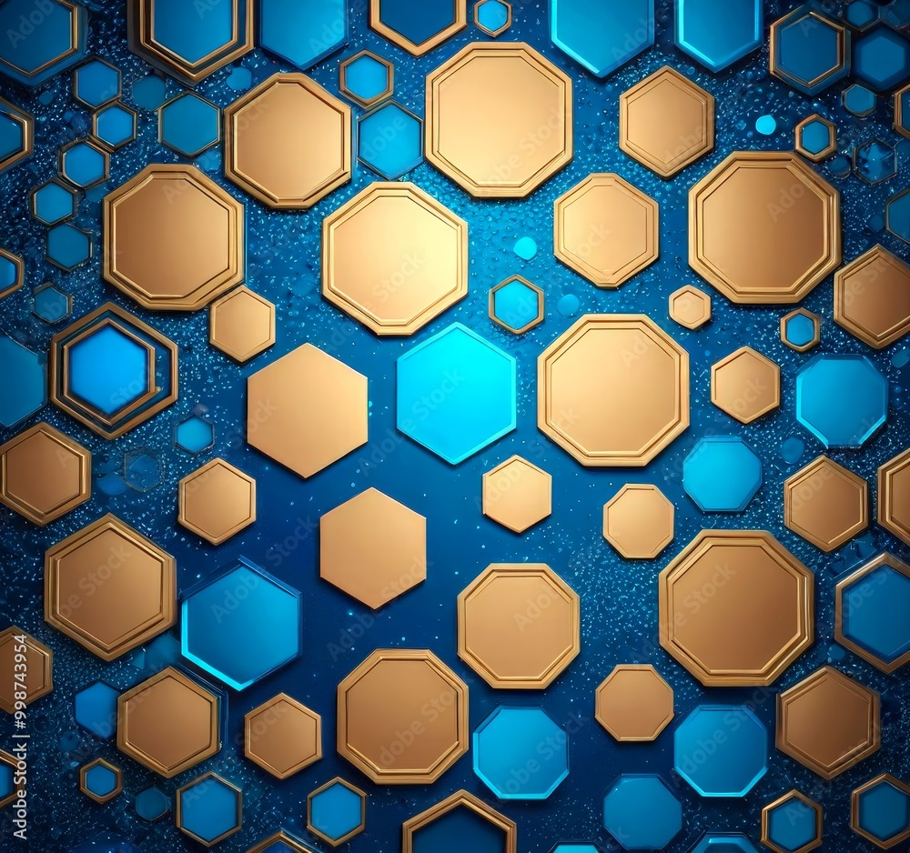 Aufkleber a pattern of gold hexagonal shapes on a blue background, with some areas appearing to be glittery.