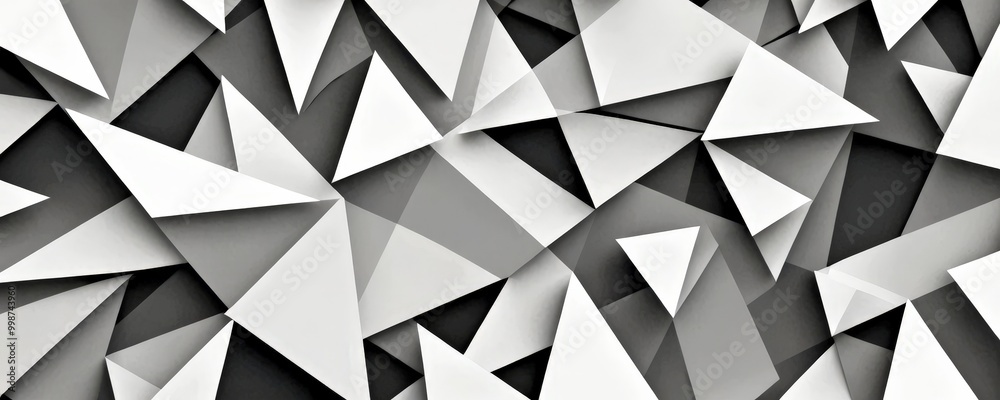 Poster a black and white abstract composition featuring a complex arrangement of overlapping triangular shapes, creating a visually striking and dynamic pattern