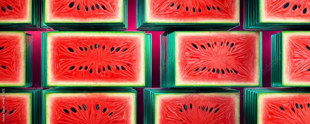 Poster a grid of vibrant watermelon slices, each revealing its juicy interior and black seeds, creating a v