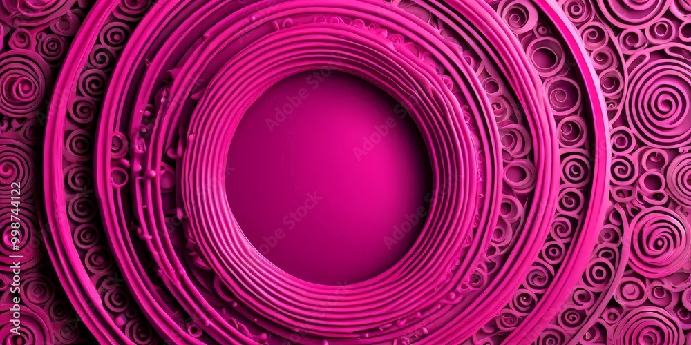 Poster a vibrant abstract design composed of concentric circles in shades of pink and purple, with a centra