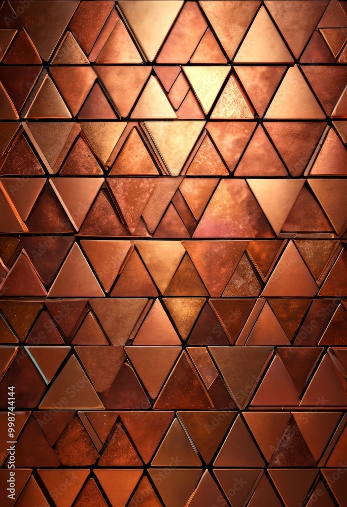 Poster a close-up view pattern of overlapping triangular tiles in various shades of brown, arranged in a grid-like fashion