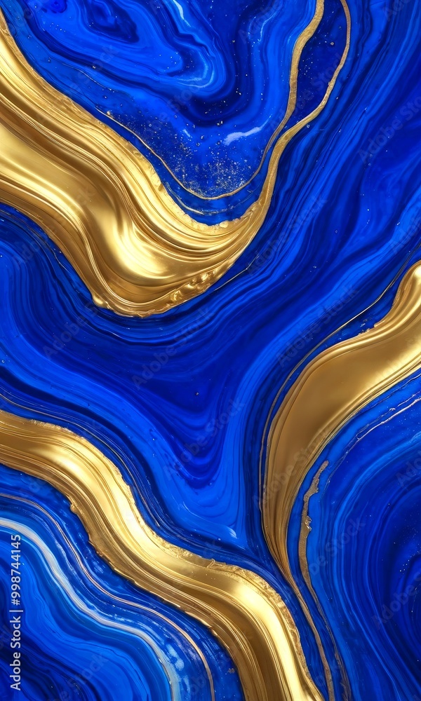 Poster a striking abstract pattern with swirling blue and gold hues, creating a sense of movement and dynam