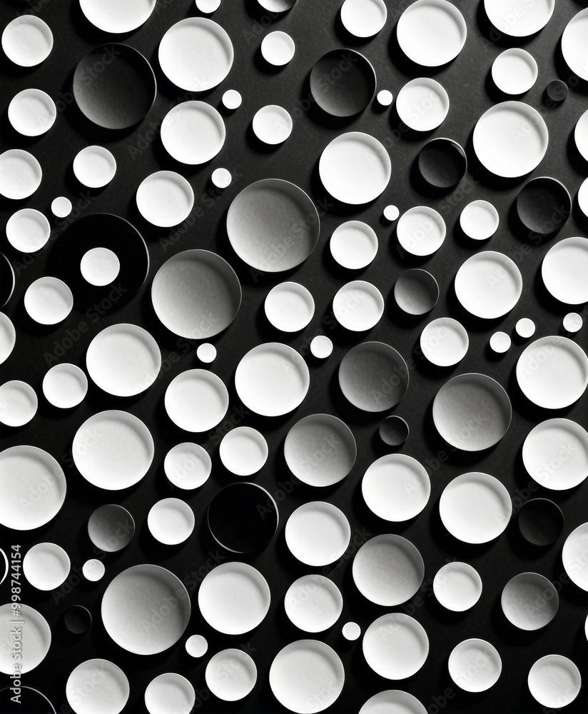 Poster a black and white photograph featuring a pattern of overlapping circles, with varying shades of gray and black, creating a visually striking and abstract design