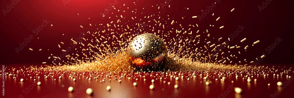 Poster A metallic sphere is captured in a dynamic moment, with a shower of golden particles surrounding it, set against a deep red background