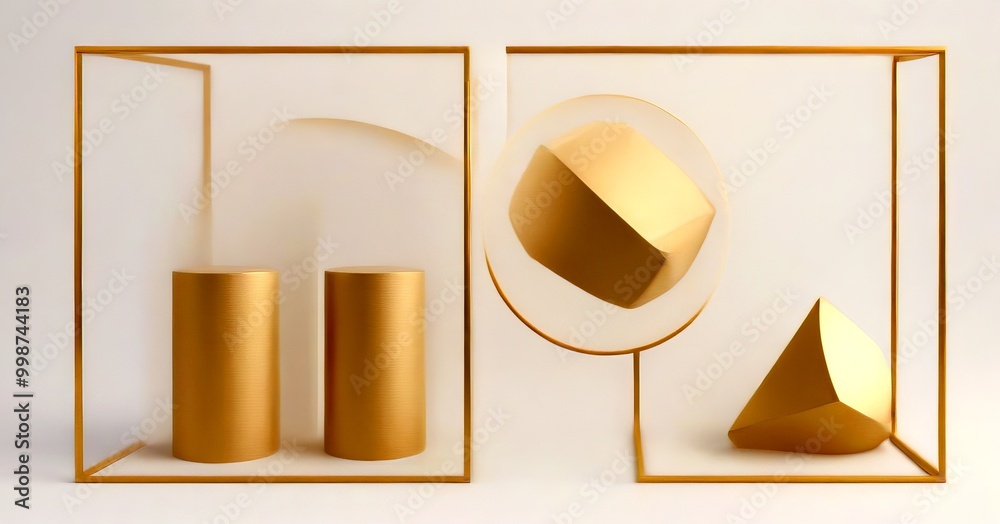 Poster a minimalist geometric composition featuring three cylindrical objects, two spheres, and a triangula