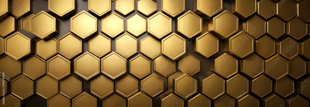 Poster a repeating pattern of golden hexagonal shapes arranged in a grid-like fashion against a dark background
